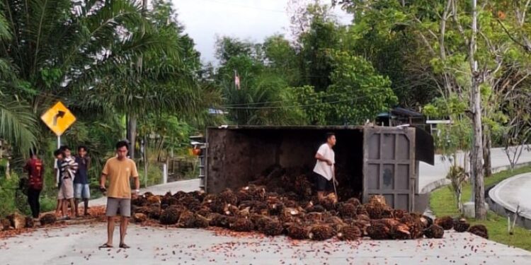 Truk Bermuatan Sawit Terbalik di Median Jalan Soekarno-Hatta Bontang Utara